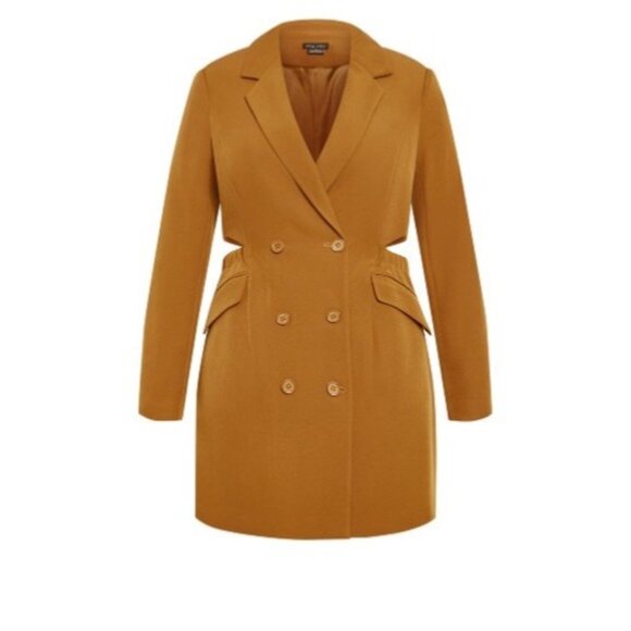 City Chic Plus Size Tuxedo Twyla Dress Tan Caramel Double Breasted Long Sleeve - Picture 3 of 6